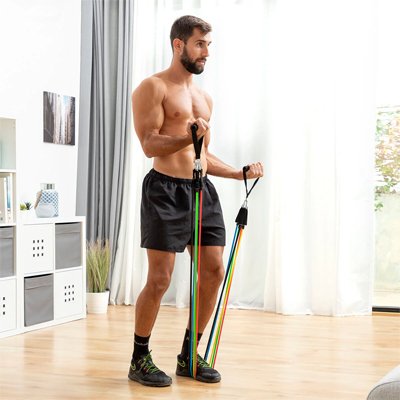 Elastique musculation sous pied  etire bras 