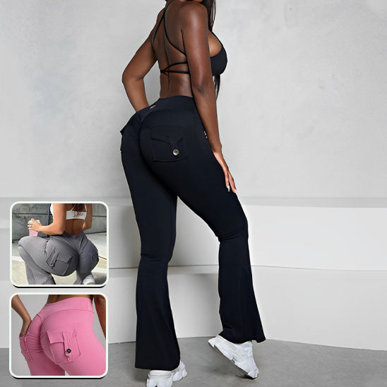 trois femme nous montre trois leggings de couleur differant noir gris et rose